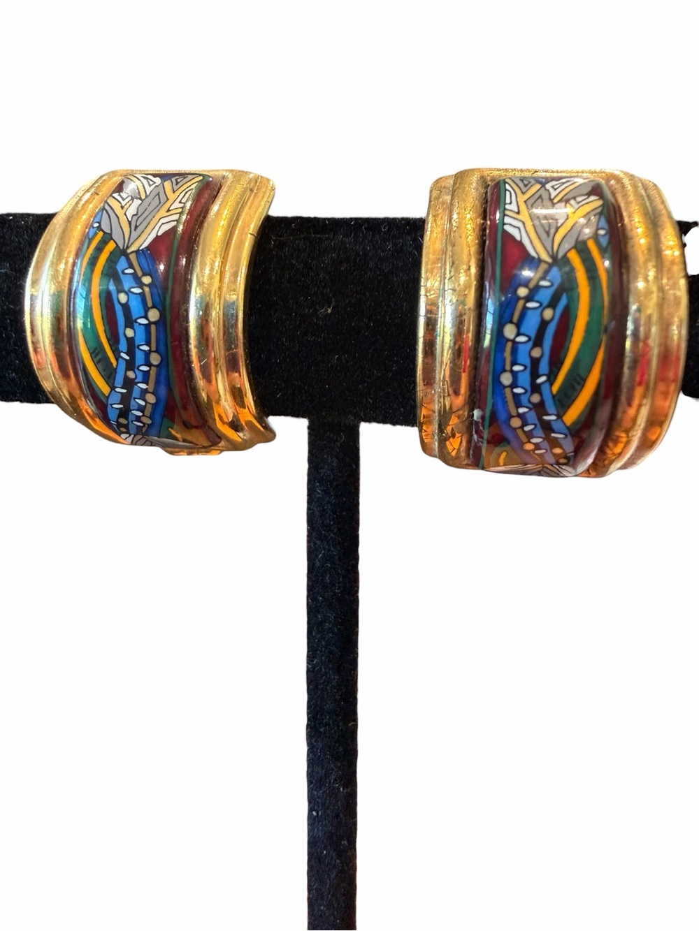 Hermes Gold-Tone Multicolor Enamel Hoop Clip Earrings